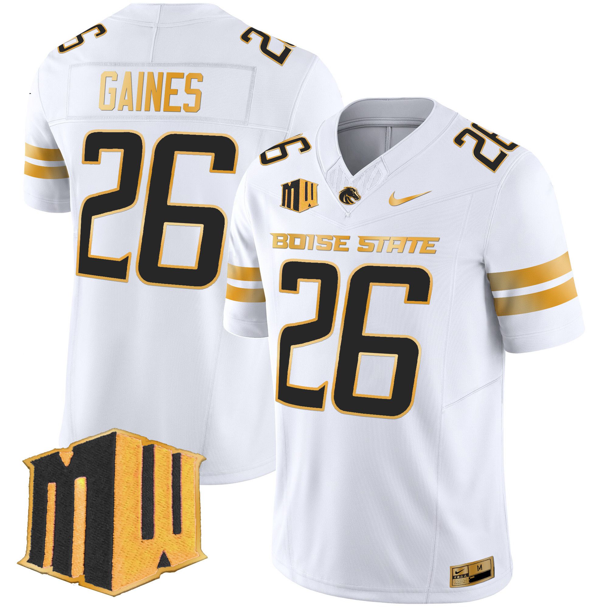 Men Boise State Broncos #26 Gaines White Nike 2024 Gold Vapor Limited NCAA Jersey